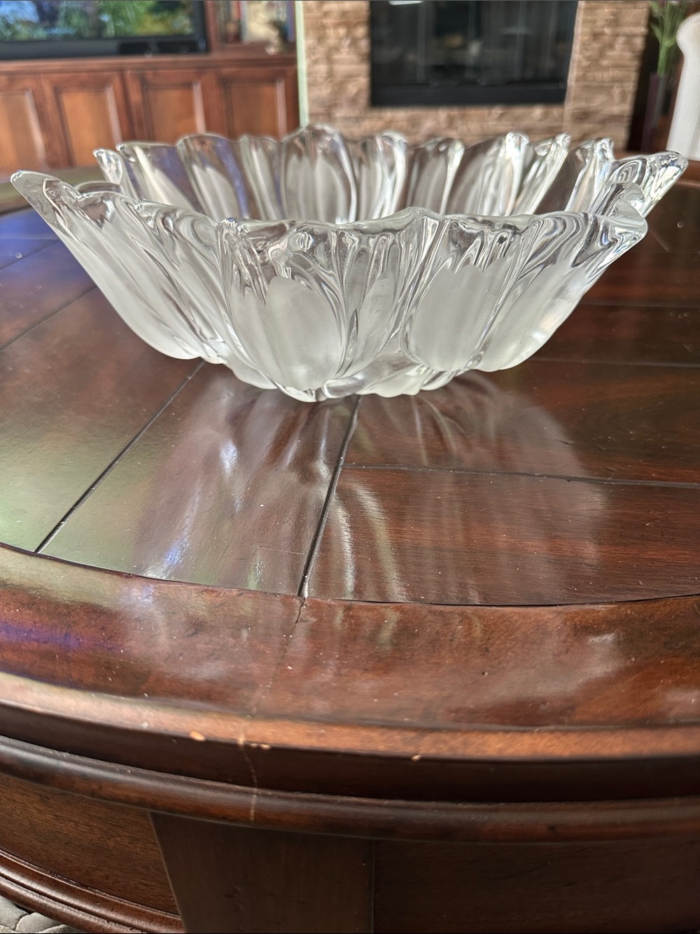 Pressed glass with three dimensional tulip design with scalloped rim. Very heavy